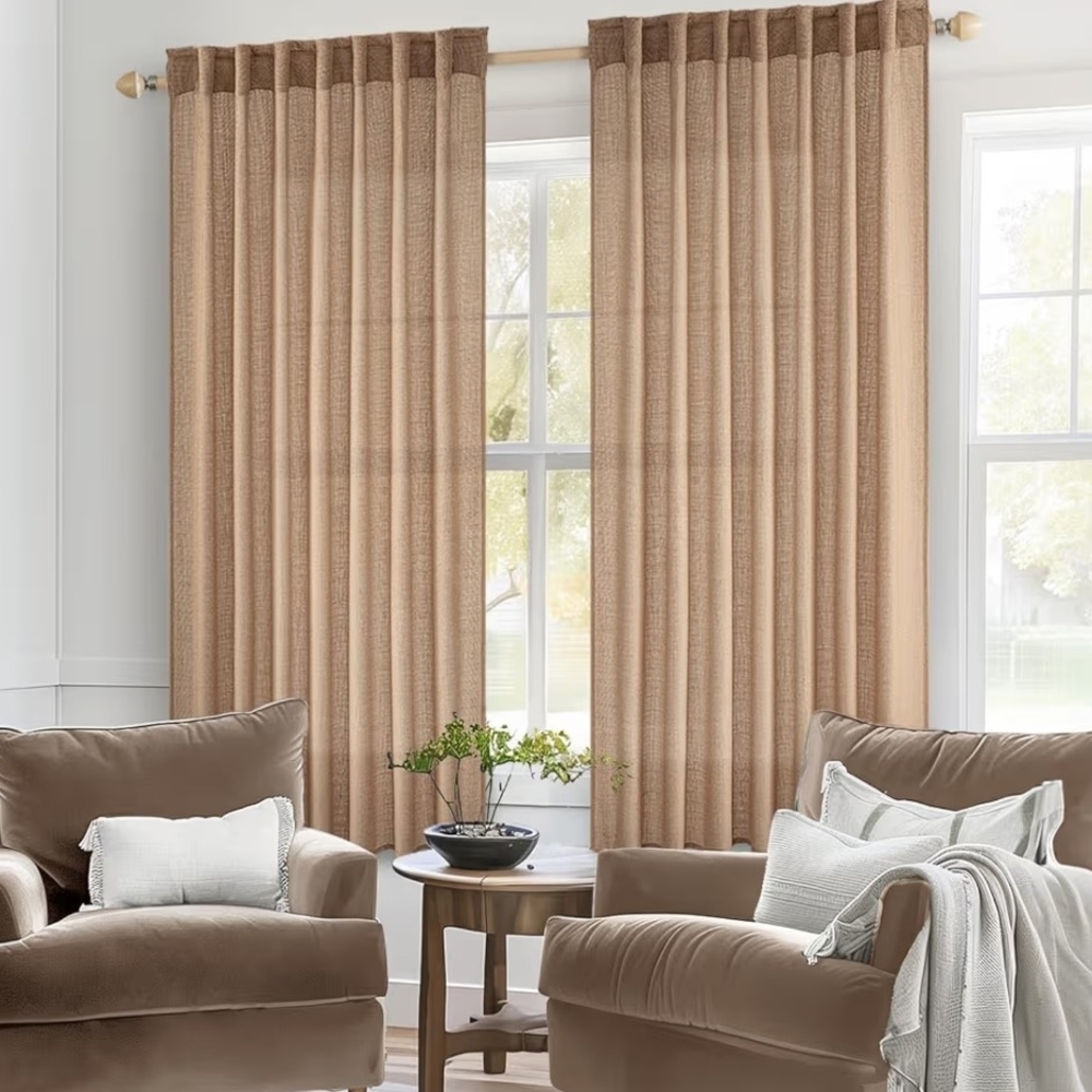 2 Light Brown Linen Color 52Wx63L Textured Burlap Semi Sheer Curtain Panels